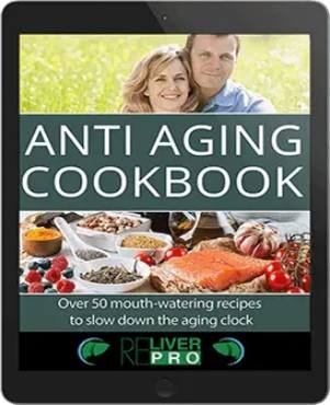 Promotional graphic showcasing free eBooks: Liver Detox Bible and Anti-Aging Cookbook as purchase bonuses